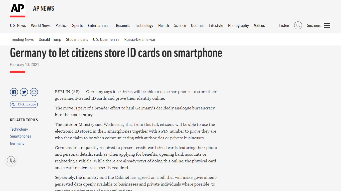 Germany to let citizens store ID cards on smartphone | AP News